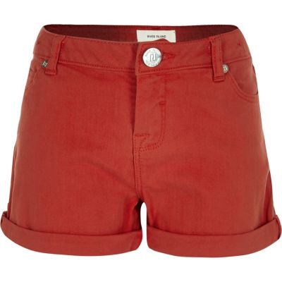 Girls red denim turn-up shorts
